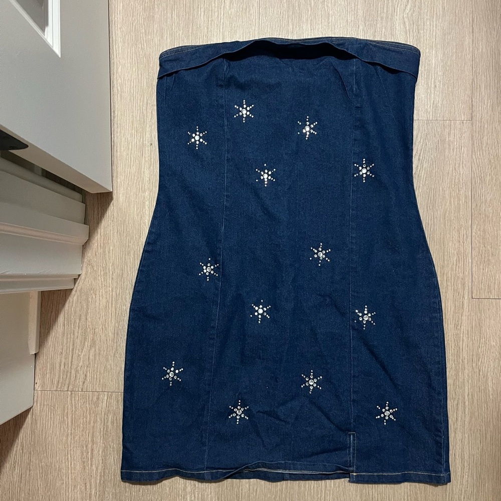 Fashion Nova Strapless Denim Dress with Diamond Stars Size L
